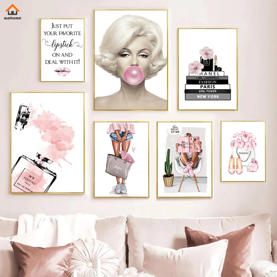 

Pink Fashion Girl Flower Print Perfume Women Luxury Books Decorative Paintings Canvas Wall Art Pictures Nordic Room Decorations