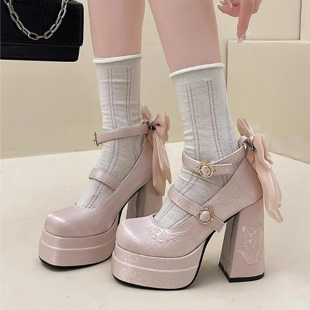 

Pink Lolita High Heels Women's Pumps 2025 Cute Bow Round Ankle Straps Chunky Platform Mary Jane Shoes Embroidered Heels Women
