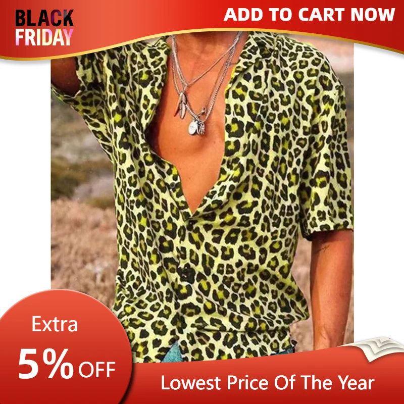 New leopard print men\'s shirt, casual and comfortable short sleeved shirt, oversized breathable men\'s clothing button design