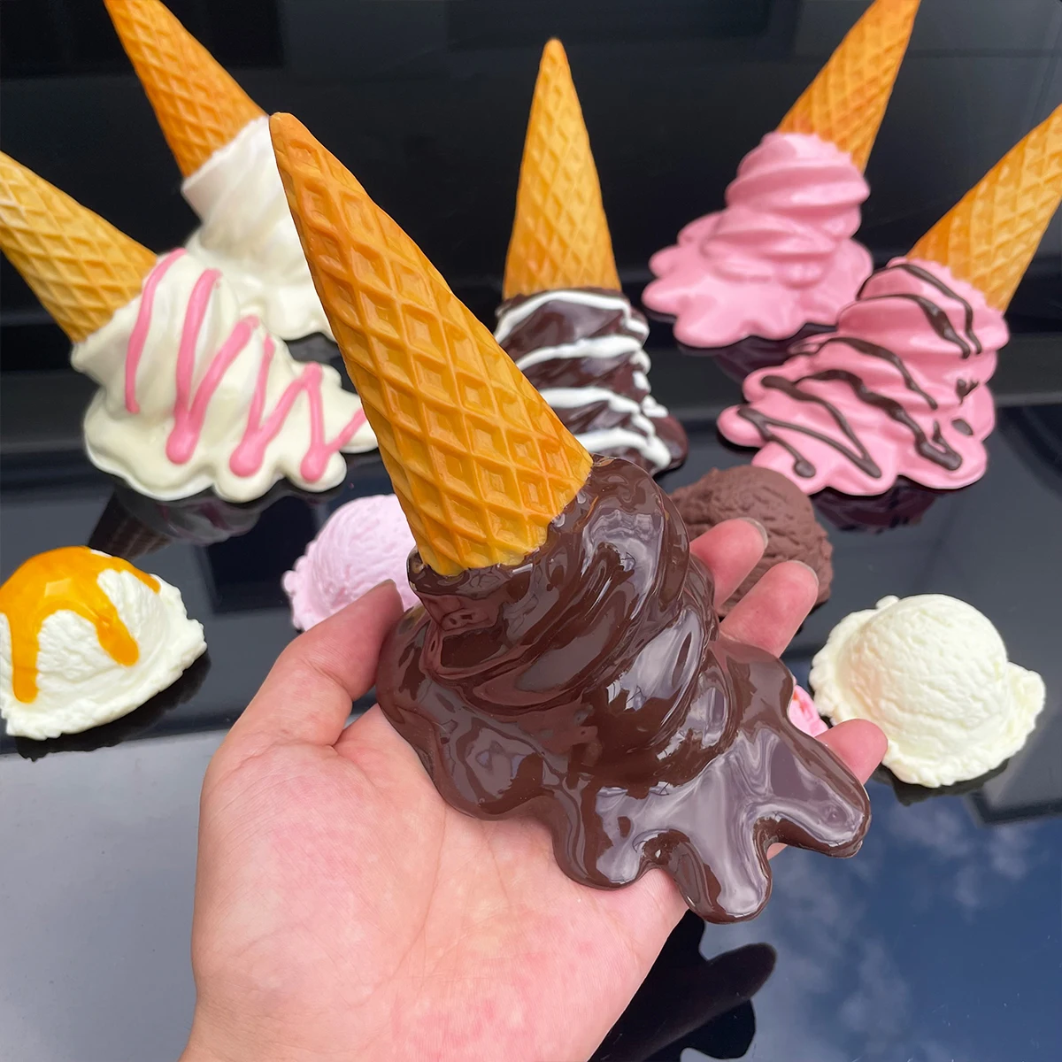 15cm Resin Melted Ice Cream Cone Model Artificial Spilled Waffle Cone Prop with Glossy Cream Syrup Drizzle Dessert Ornament view 2