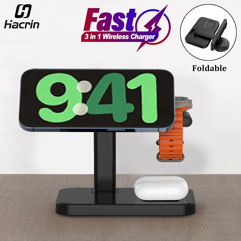 Cargador inalámbrico 3 en 1 estación de carga rápida magnética plegable para iPhone 16 15 14 13 12 Pro Max Apple Watch 9 8 7 6 5