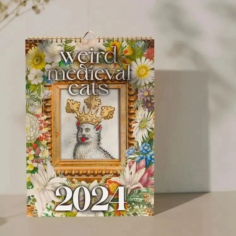 Rare Middeleeuwse Katten Kalender 2024 Kalender 12 Maanden Muurkalender Hangbaar Voor Kantoor Huis Cadeau Gecoat Papier A