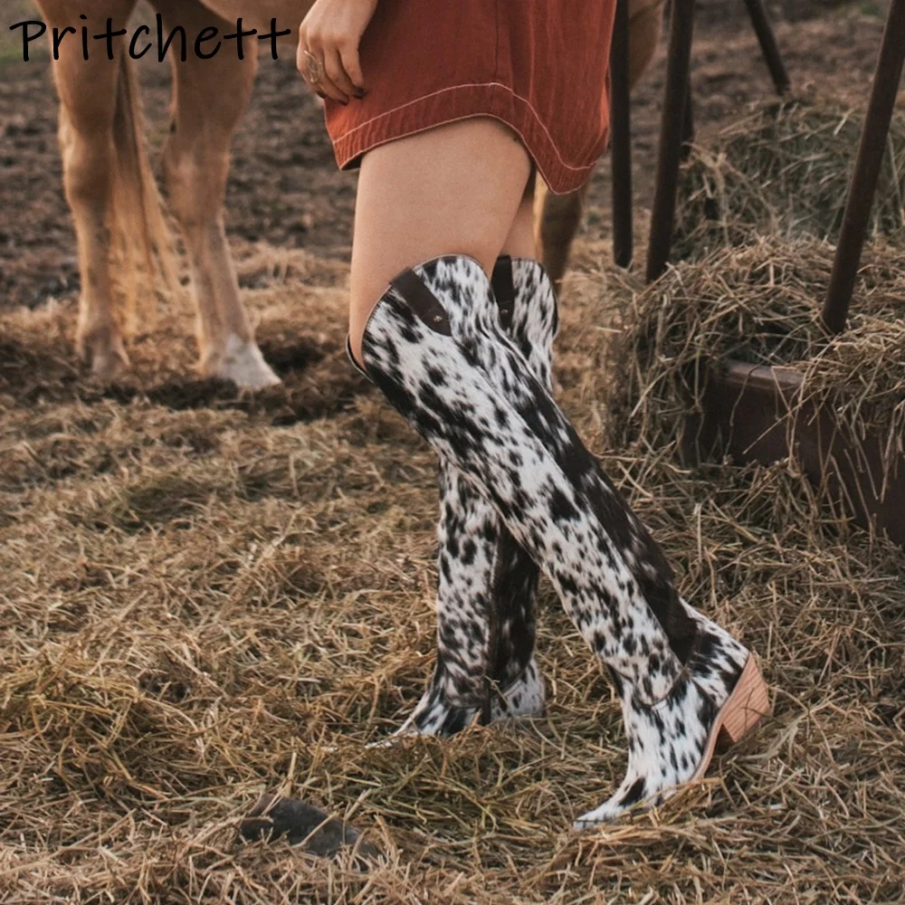 

Black White Mixed Color Knight Boots Chunky Heels Slip On Western Style Cowgirl Knee High Boots Winter Fashion Warm Shoes