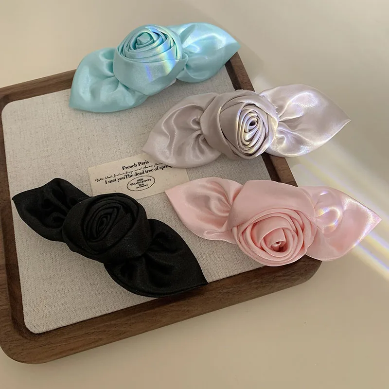 Korean New Fashion Elegant Satin 12.5CM Long Rose Hair Clip Simple Cloth Spring Clip Hair Pin Hair Accessories