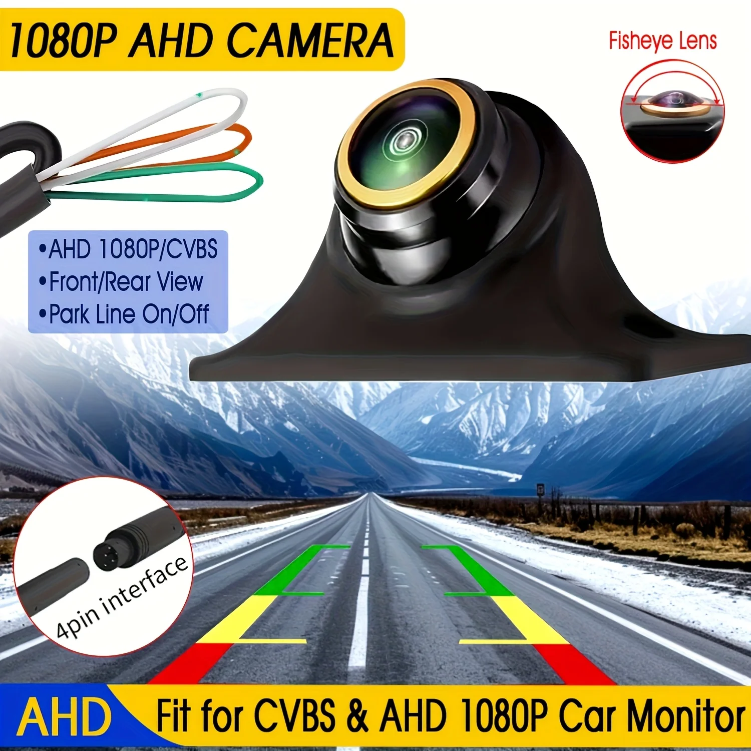 Universal Front/Side/Rear View Camera Fisheye Backup Camera Parking Guide Lines Surface Mount AHD1080P/CVBS 4Pin Night Vision