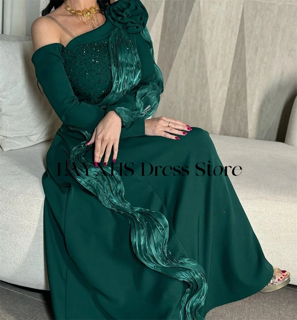 LAYXHS Vestidos de noite luxuosos de um ombro, linha A, mangas compridas, flores frisadas, vestidos de baile personalizados