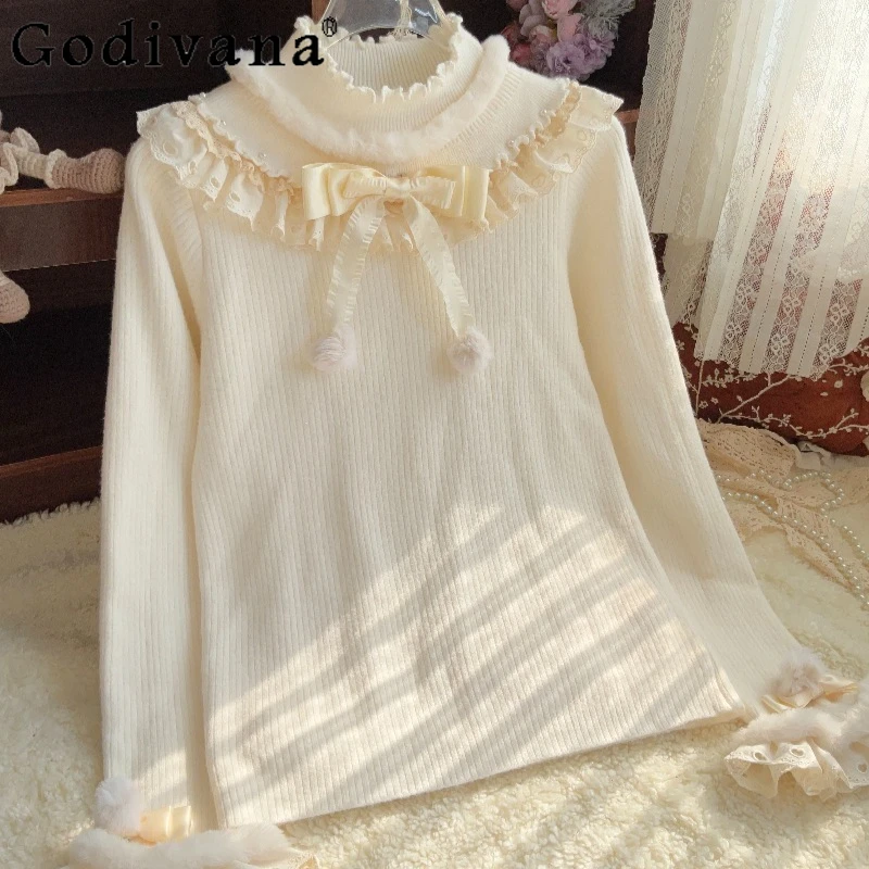 

Зимний свитер в стиле Лолита для женщин, флисовый топ с длинным рукавом, женский джемпер в японском стиле, милый принцессный костюм