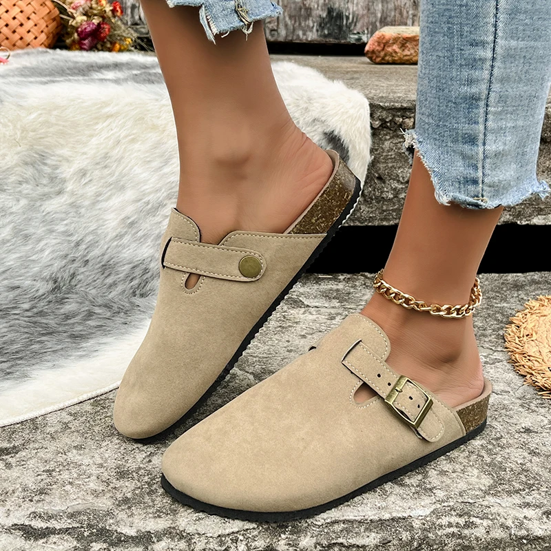 

Comwarm Fashion Women's Suede Mules Slippers Men Clogs Cork Insole Sandals With Arch Support Outdoor Beach Slides Home Shoes
