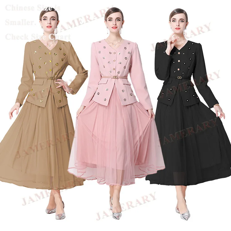 Runway Autumn Two Piece Set Women Long Dresses Sequin Blazer Suit Coat A Line Tulle Long Skirts Suit 2pcs Outfit Winter Clothing