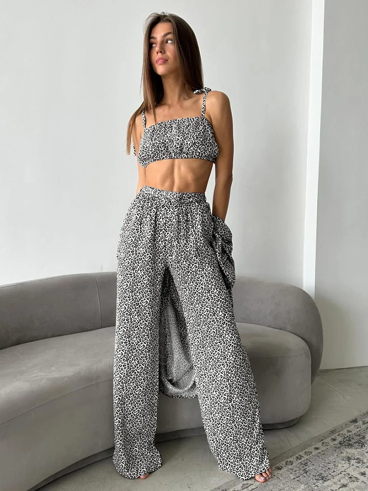 Hiloc Summer Loose Leopard Pants Pajamas Sets 3 Pieces Fashion Print Loose Shirts Sexy Crop Tops Casual Pants Nightwears Female