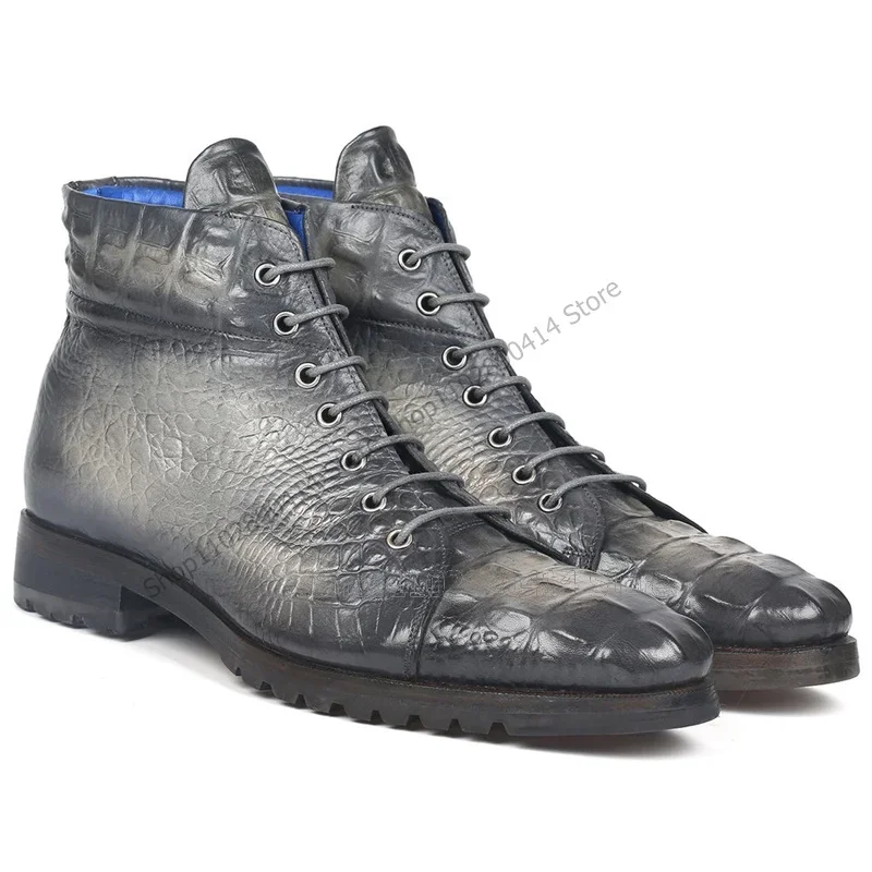 

Gray White Crocodile Fretwork Strappy Ankle Boots Fashion Lace up Men Shoes Luxury Handmade Party Banquet Office Men Dress Shoes