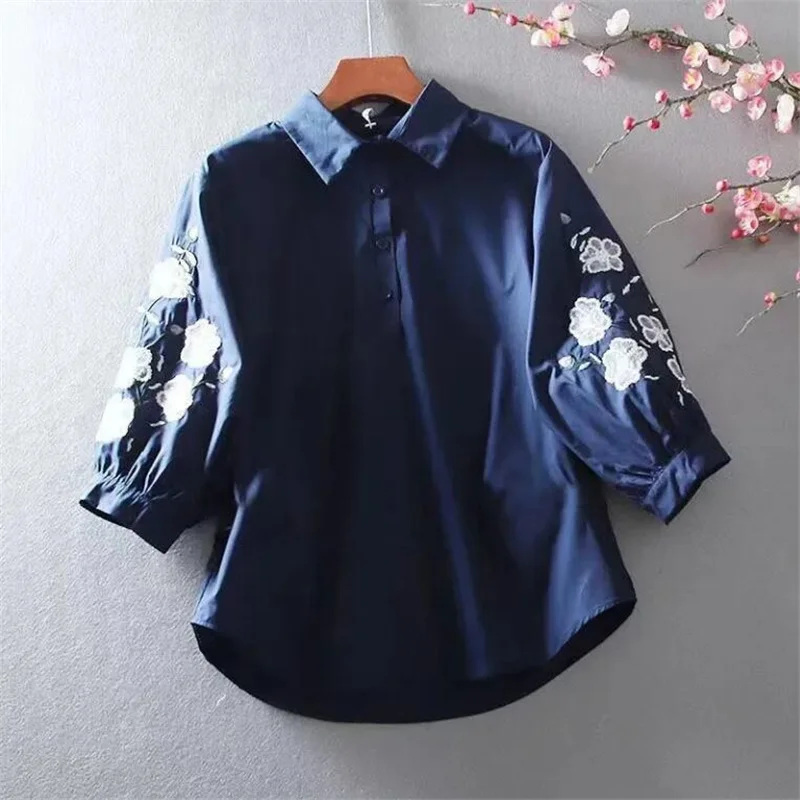 Retro Embroidery Blouses Women Shirt Thin Summer Top Lantern sleeve Lapel Loose Pullover Half-Sleeve Literature Art Female Blusa