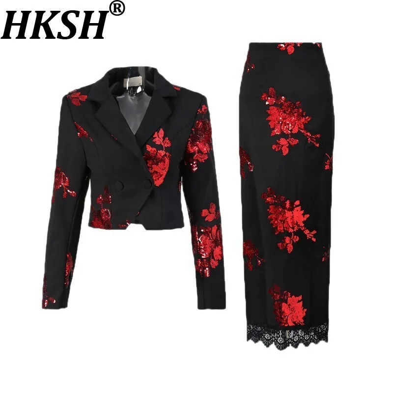 

HKSH Autumn New Women Set Turn-down Collar Sequins Flower Short Blazer Office Lady Coat Lace Patchwork A-line Chic Skirt HK11555