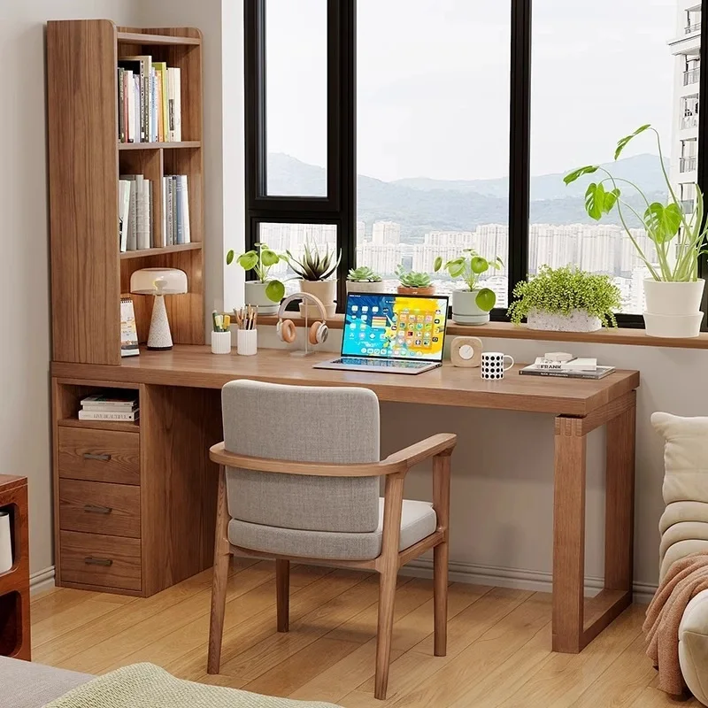 Study solid wood desk bookcase integrated side storage cabinet computer desk long table with drawers bedroom study table