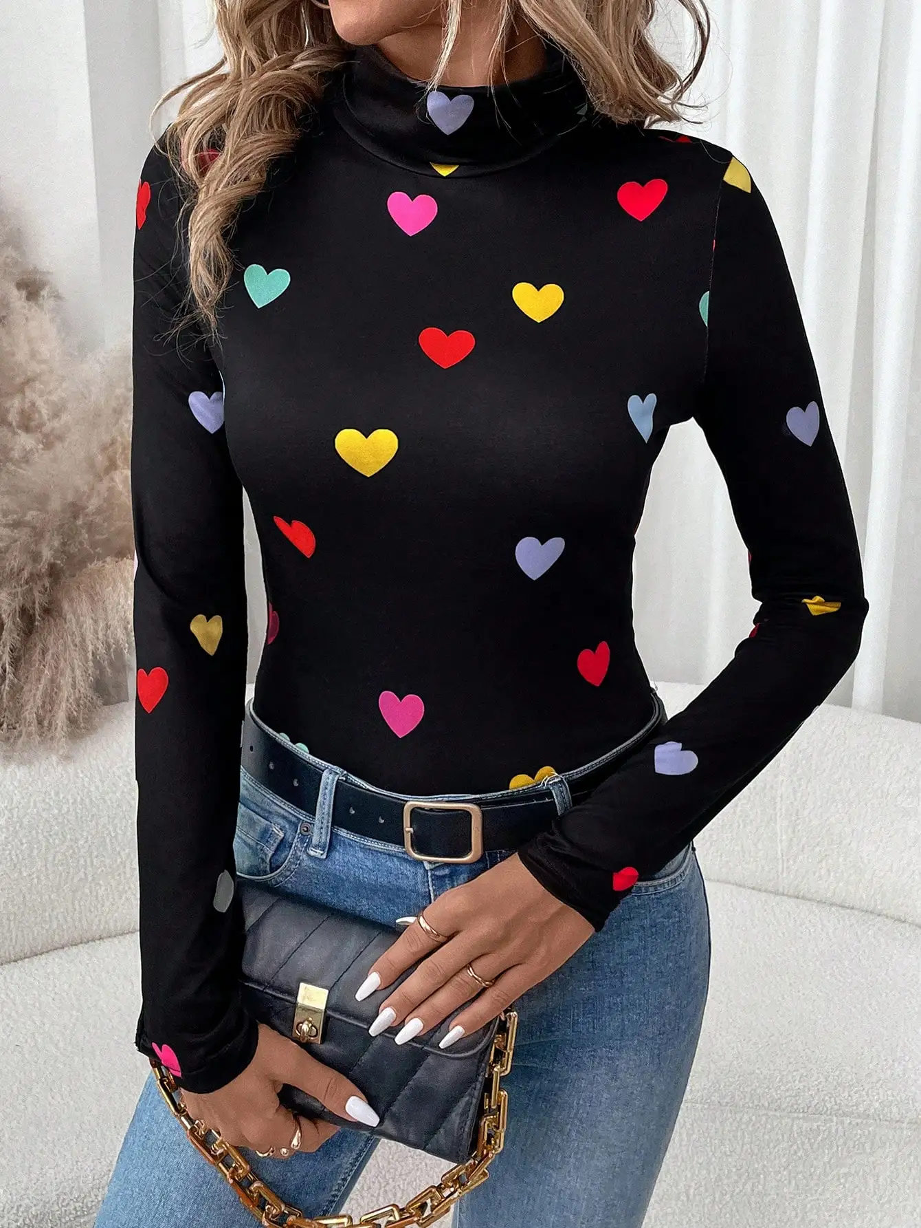 

Women's High Neck Long Sleeve Heart Print T-Shirt, Casual Autumn Top with Colorful Hearts