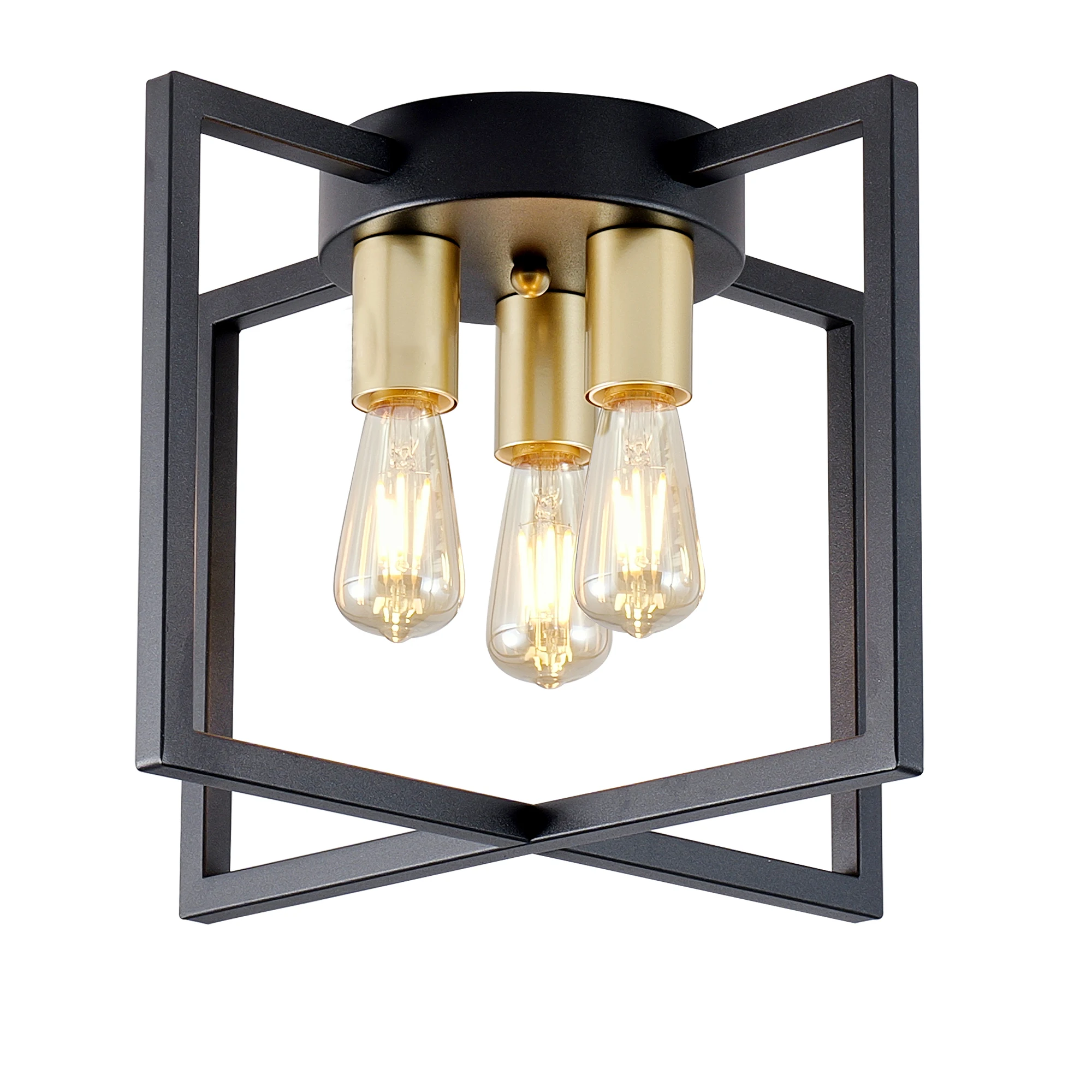 ARLGSITE 14.6‑Inch Black & Gold 3‑Light Industrial Semi‑Flush Mount Ceiling Light, Geometric Fixture for Living Room Hallway