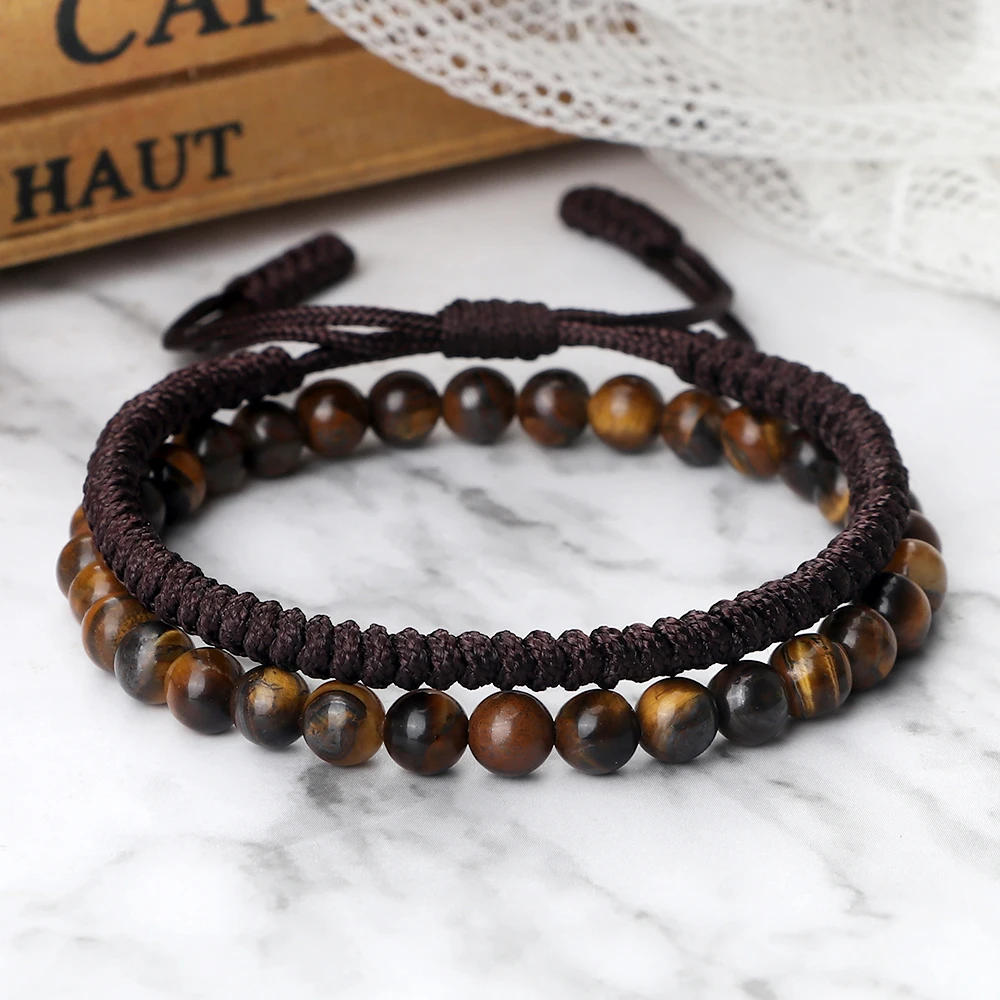 Braided String Men’s Bracelets 6mm Natural Stone Round Beaded  Energy Elastic Rope For Women Lovers 2pcs/Set Jewelry Friend Gift