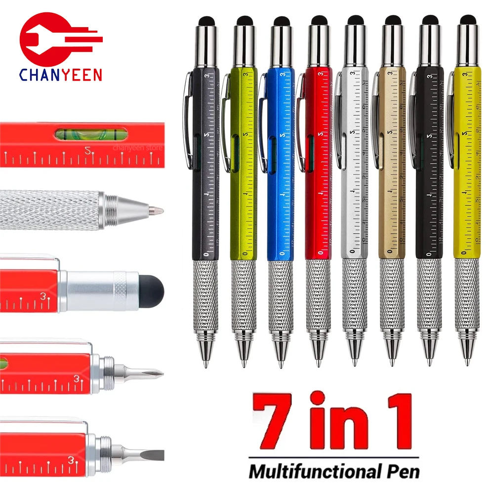 7-in-1 Multifunctional Pen Touch Screen Stylus Capacitive Pen with Screwdriver Ruler Levelgauge Refillable Ballpoint Pencil Tool