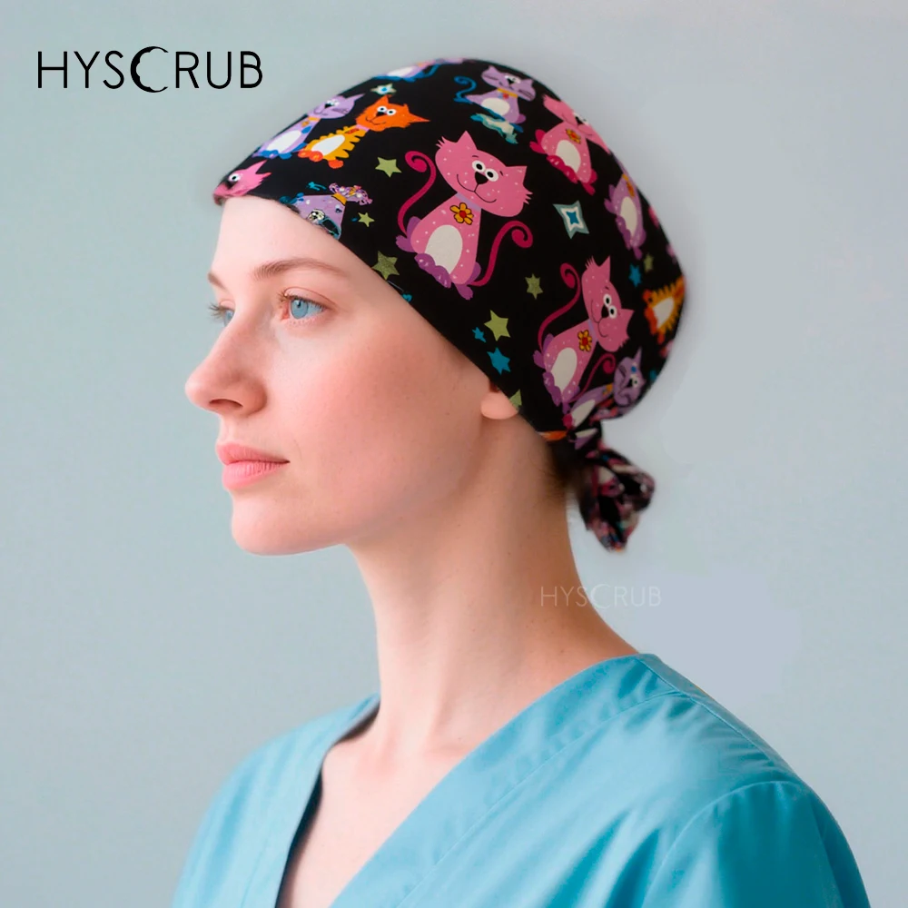 Cat Printed Black Scrub Cap Medical Operating Room Hat Unisex Women Men Surgical Hat Comfortable Headwear