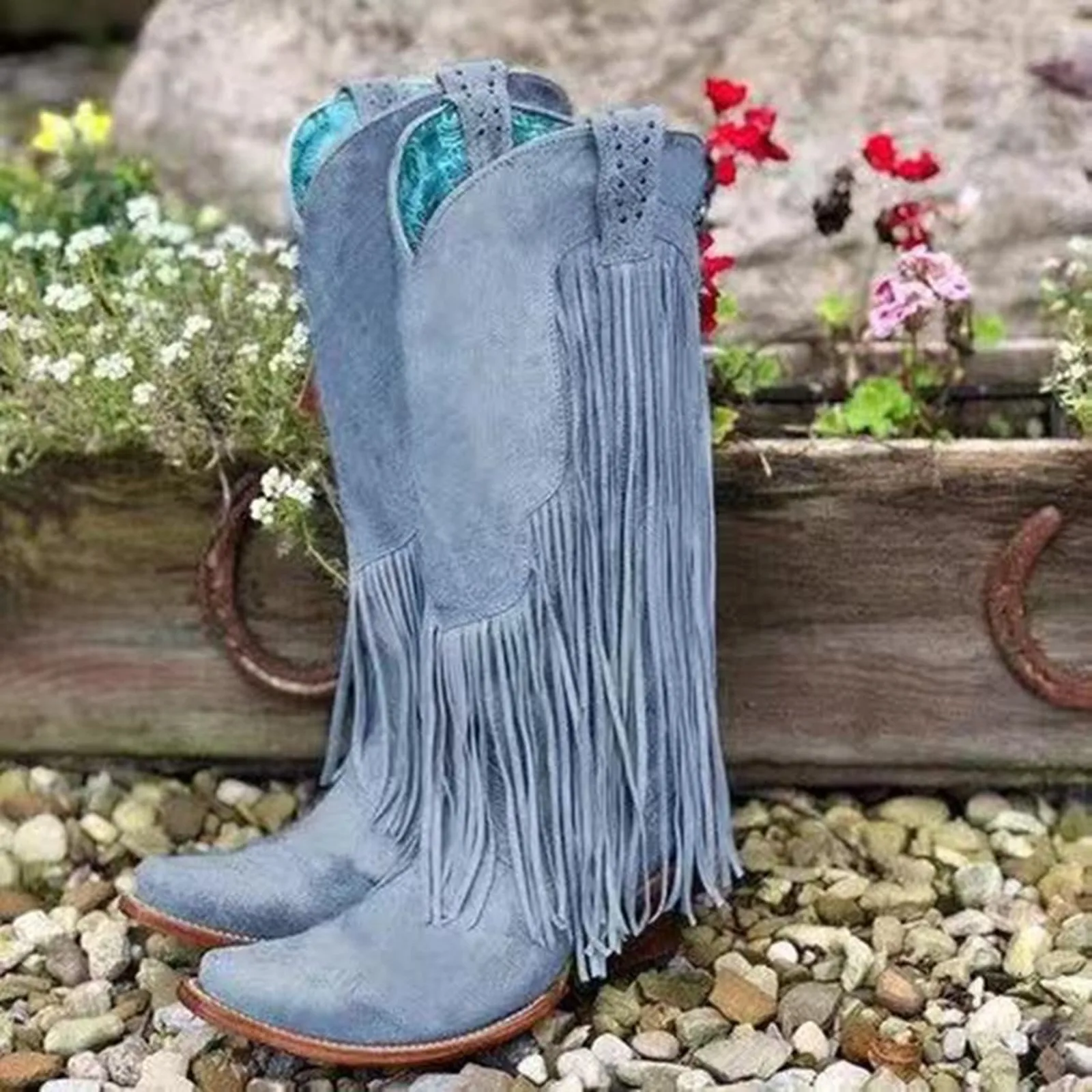 

Cowboy Boots Shoes For Women PU New Tassel Chunky Heels Pointed Toe Green Red Western Boots Fashion Slip-on Wedge Boots Female