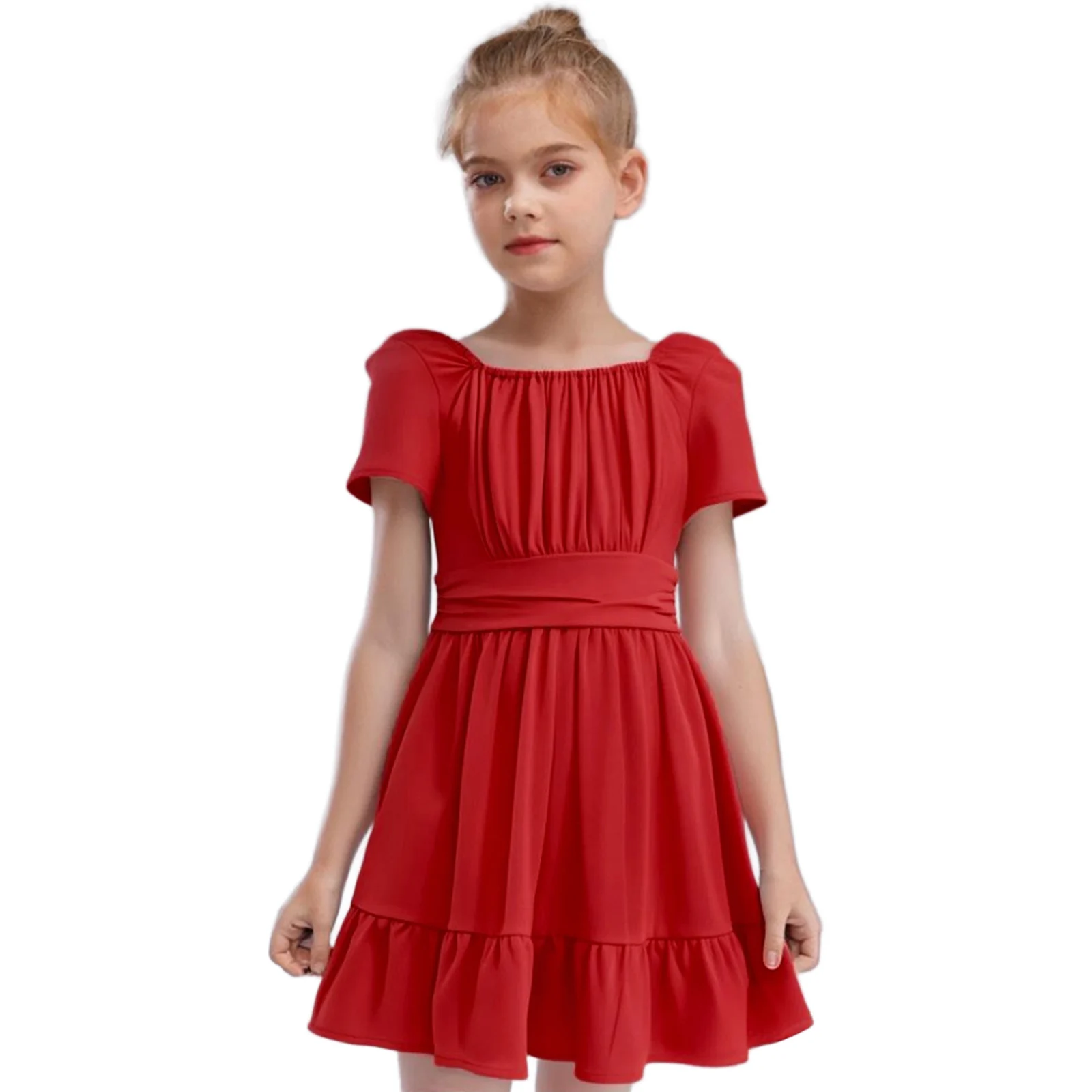 

Kids Girls Dress Summer Short Sleeve Lace-up Back Ruched Ruffle Dress for Elegant Wedding Birthday Party Dress Vacation Beach