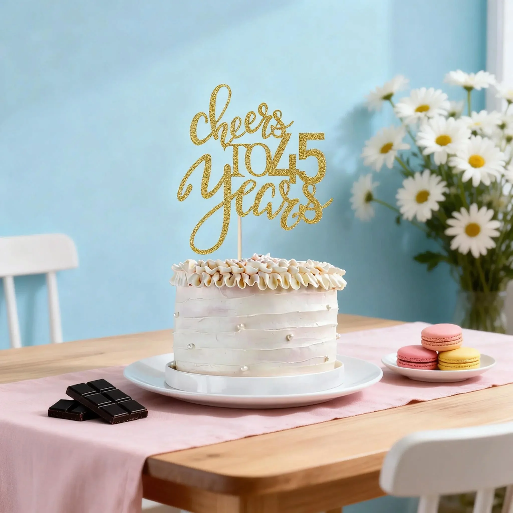 Goldglitzer-Tortenaufsatz „Prost auf 45 Jahre“, Geburtstagstorten-Dekorationen zum 45. Geburtstag, perfekt für die Tortendekoration zum 45. Geburtstag – Detail 5