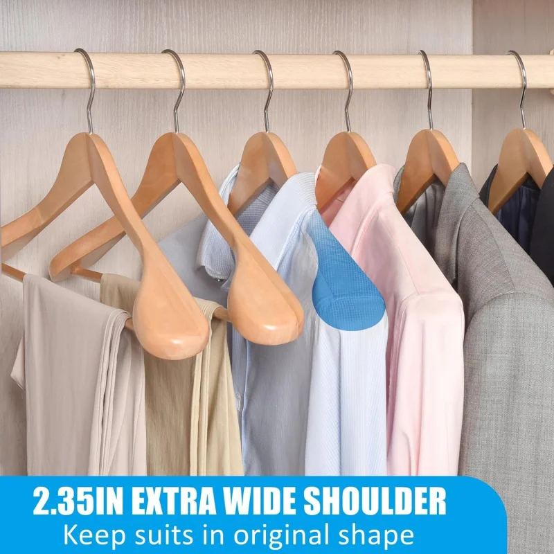 6 شماعات معطف بدلة خشبية بأكتاف واسعة مع شريط سراويل غير قابل للانزلاق، شماعات ملابس من الخشب الصلب بلمسة نهائية ناعمة للعرق