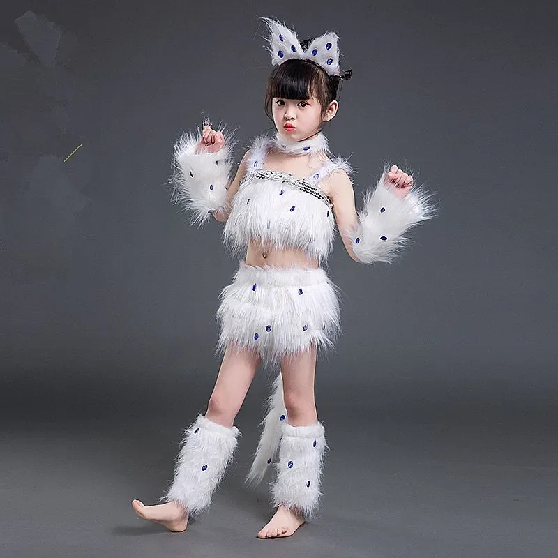 女の子のための白の猫のコスプレ衣装、キツネ、女の子、コスプレ、動物ダンス、ハロウィーン、セクシー、子供