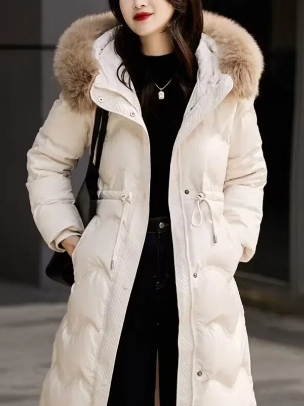 الخصر طوق معطف المرأة فضفاضة 2025 جديد طويل مقنع انفصال الثعلب الفراء طوق قسط الشتاء المرأة أسفل معطف