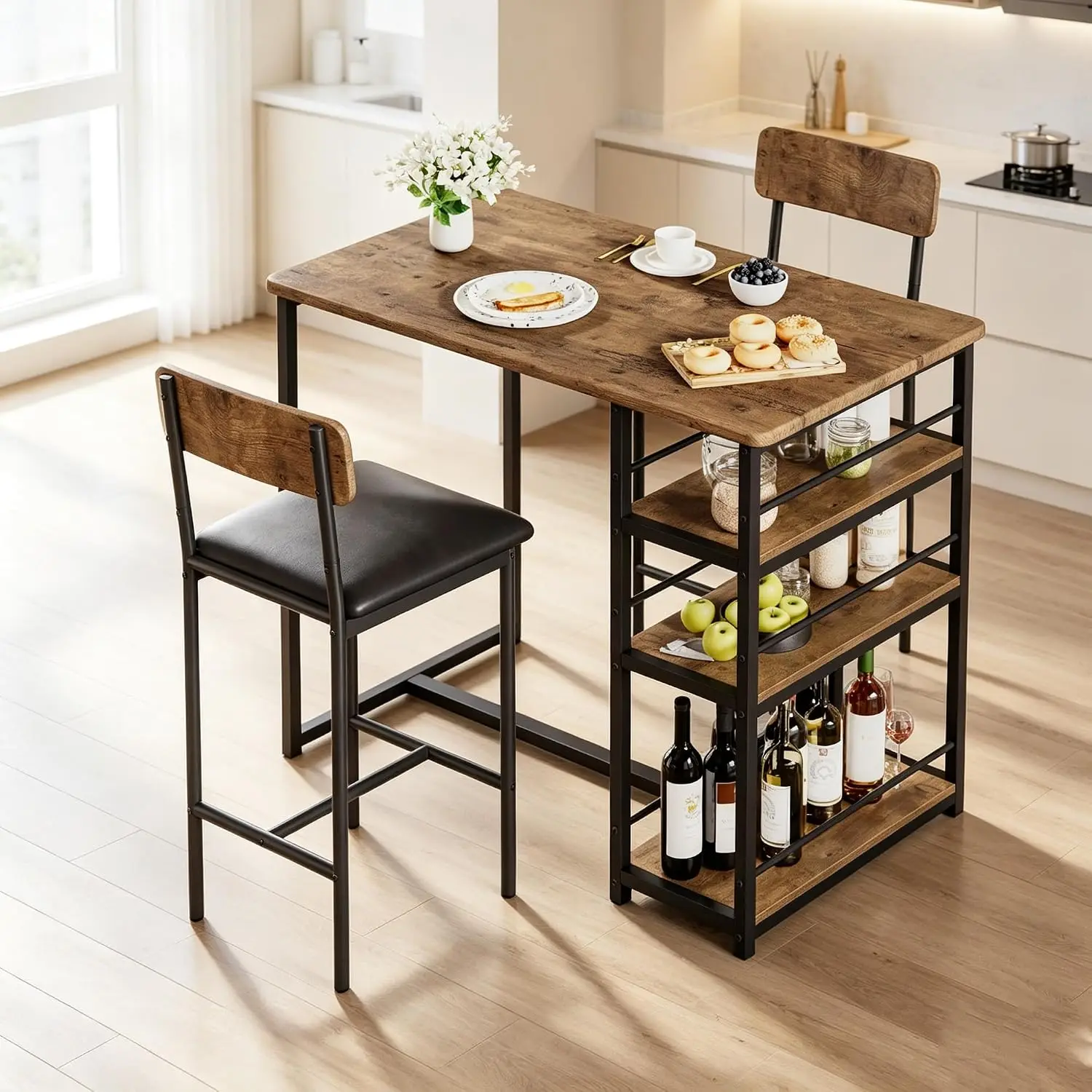Dining Table Set for 2 with 3 Storage Shelves, Retro | Upholstered PU Cushion Chairs with 2 Bar Stools, Island Table and Chairs Set, Studio Apartment Furniture for Small Space