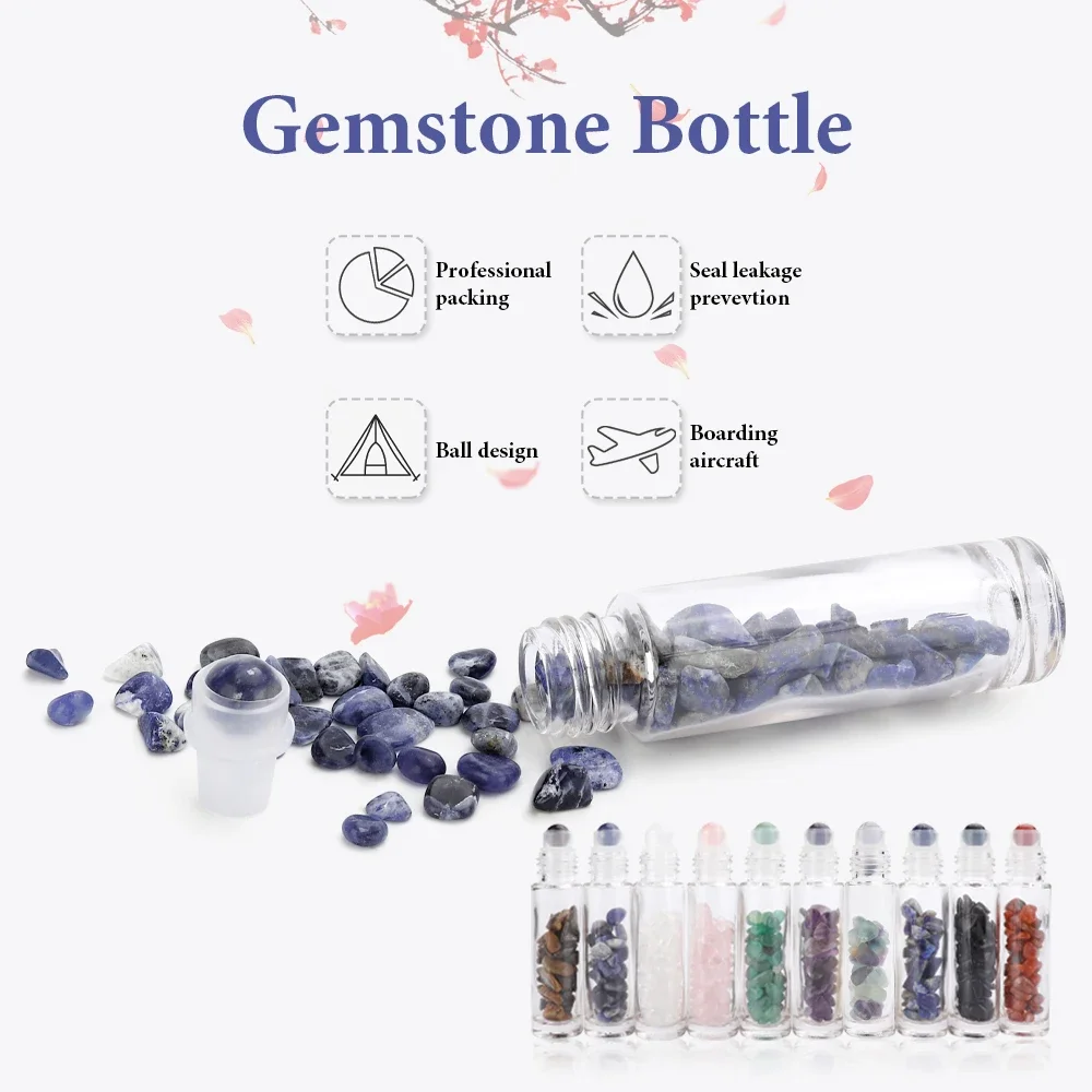 1PC 10ml Roll On Bottle Essential Oil Natural Jade Roller Bottles with Crystal Chip Glass Travel Refillable Bottle Containers