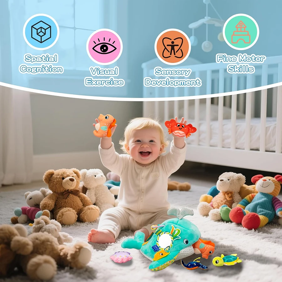 Brinquedos do bebê baleia oceano amigos conjunto de pelúcia montessori brinquedos sensoriais para bebês recém-nascidos com chocalho espelho, crinkle squeaker