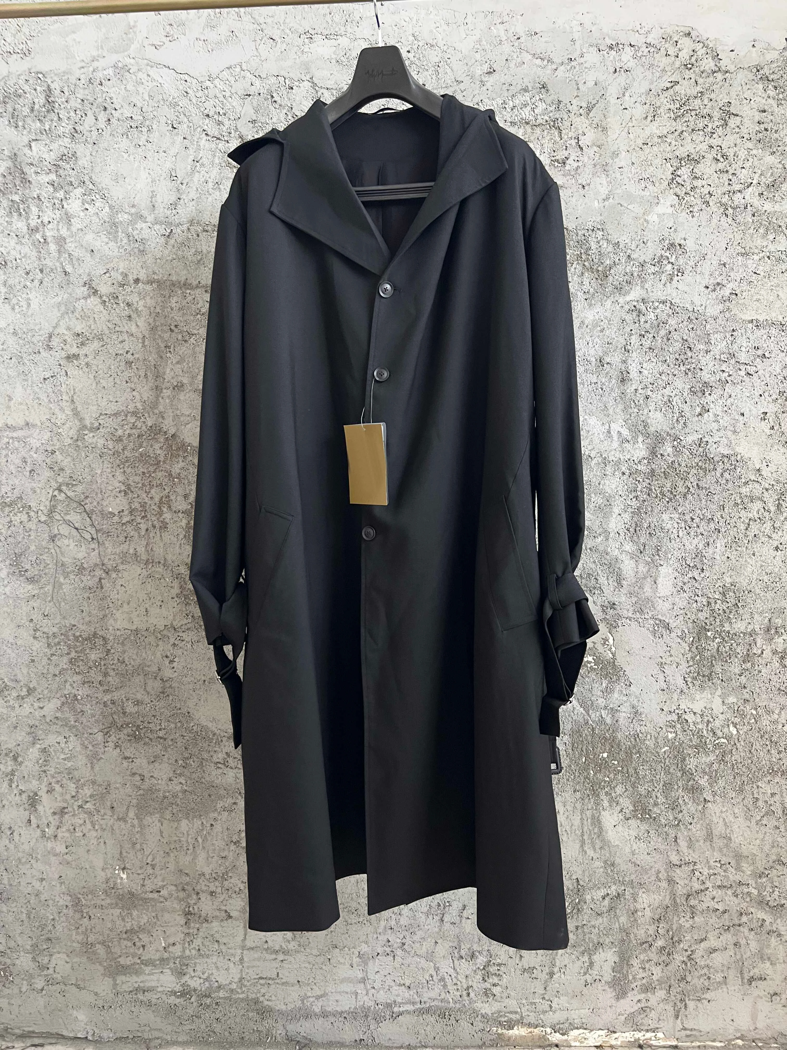 

TOP-YAMAMOTO hooded casual men's coat, windbreaker, knee-length belt, fine-spun wool jacket