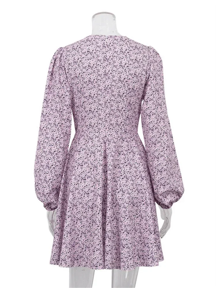 V-ausschnitt Gedruckt Mini Kleid Für Frauen Sommer 2023 Mode Aushöhlen Elegante Langarm Kleid Outfits Patchwork Slin Kleid