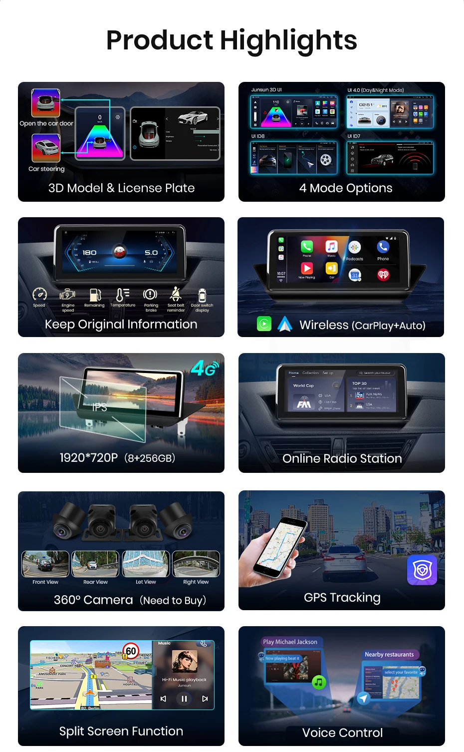 Junsun 10,25 Zoll Carplay für Apple Autoradio Multimedia für BMW X1 E84 2014-2018 Bluetooth Wireless Android Auto GPS Stereo – Detail 5