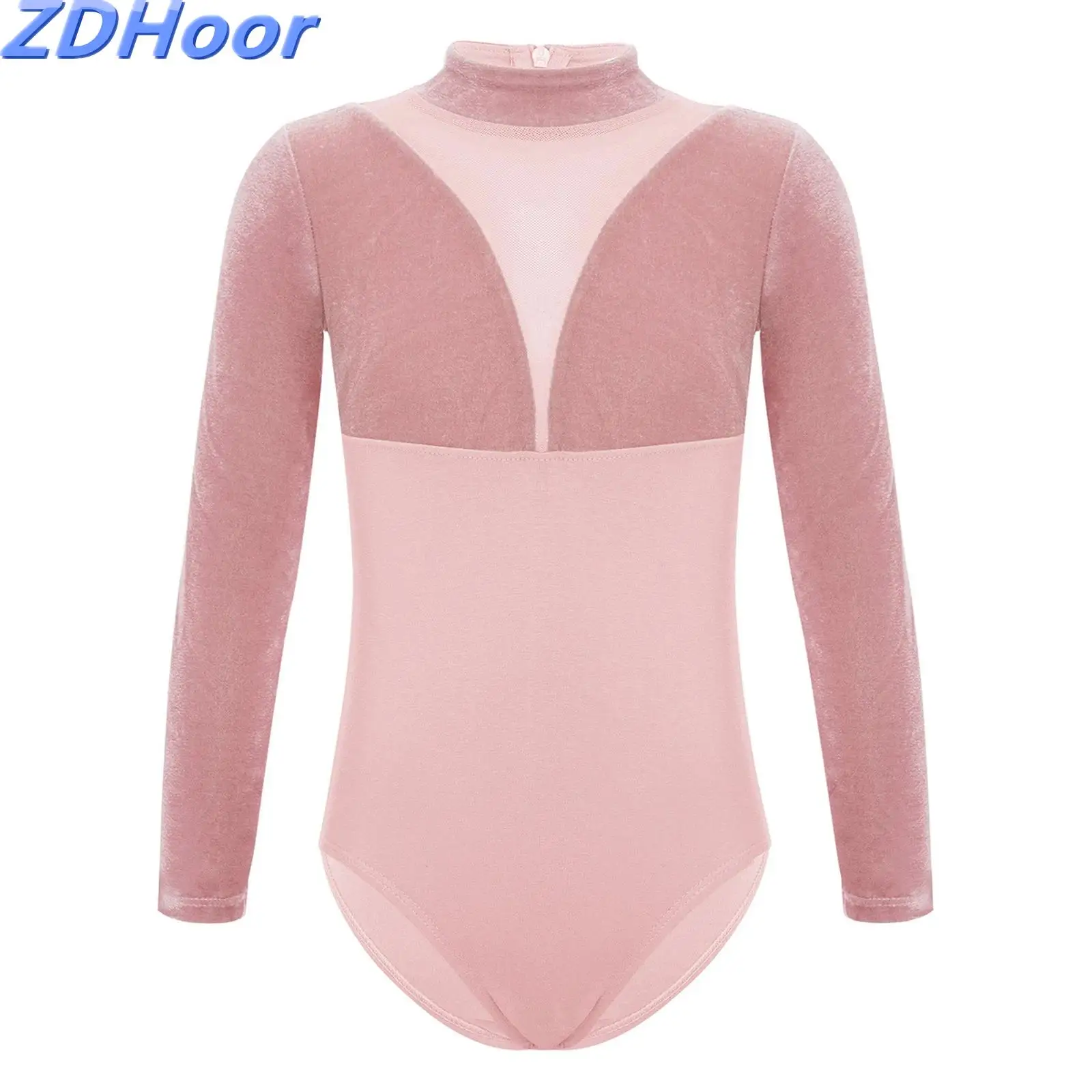 Body da ballo per bambina in velluto a rete patchwork maniche lunghe collo a lupetto posteriore cerniera invisibile body da balletto in cotone Dancewear