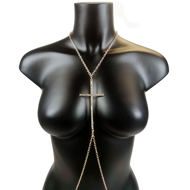 Cross Crystal Body Jewelry Metal Sexy Lingerie Body Chain Women Bikini Chain Chest Chain Necklace Summer Accessories for Beach