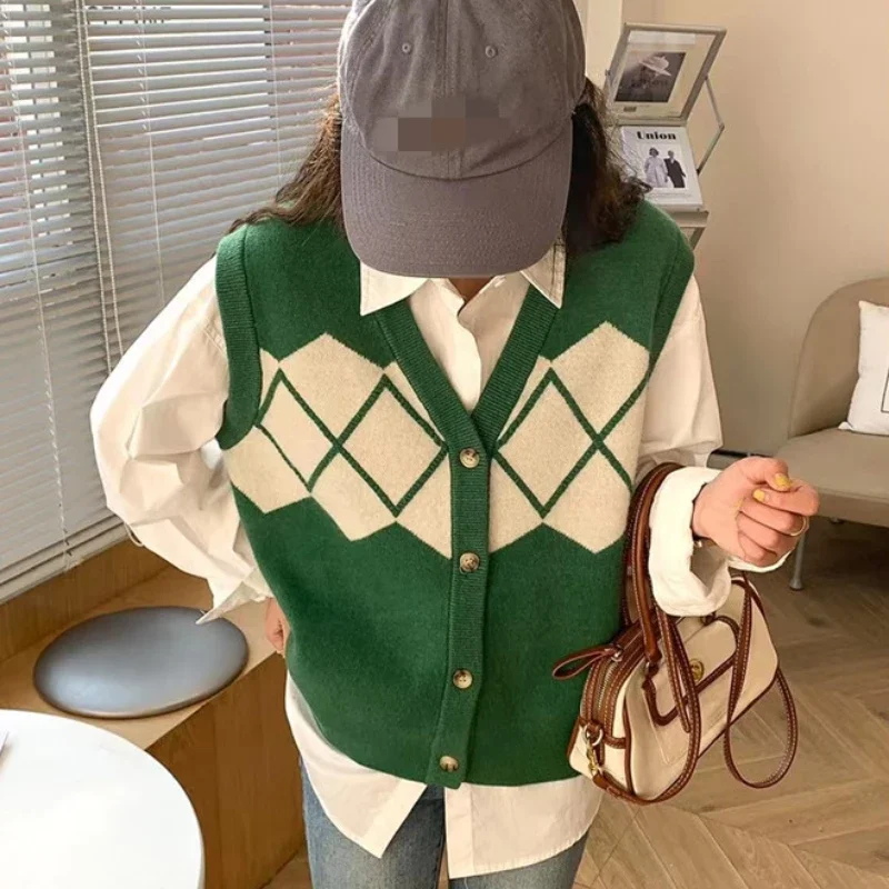 سترة سترة المرأة الخريف نمط Preppy النسخة الكورية فضفاضة Argyle تصميم ريترو مترهل الشارع ارتداء شيك شعبية كل مباراة صالح