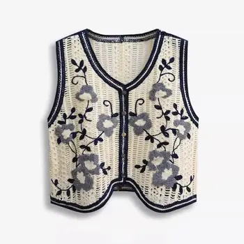 Blommig virkad väst för kvinnor, transparent, öppen broderi, ärmlös jacka, stickad väst för kvinnor, bohemisk semesteroutfit 10 best sales Floral vest - №3