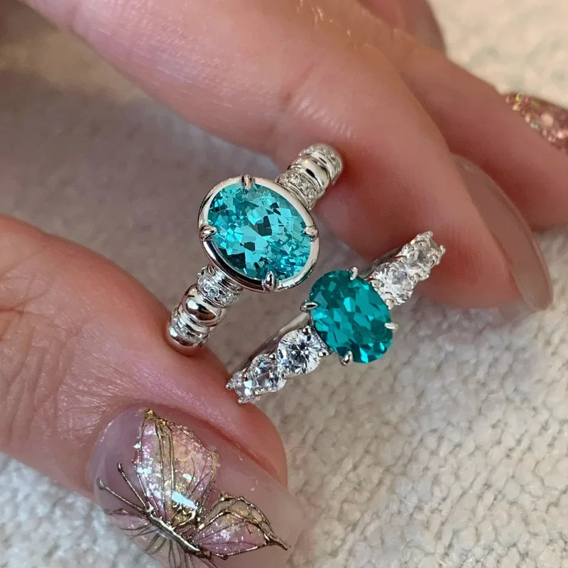 

925 Sterling Silver Rings For Women Geometric Fine Jewelry Finger Adjustable Simple Blue CZ Ring For Party Birthday Gift