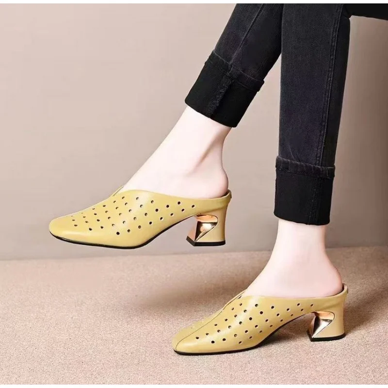 2026 New Women's Perforated Square Toe Mules Breathable Backless Chunky Heel Summer Sandals