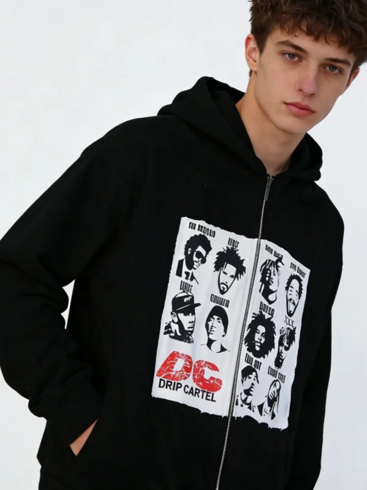 Neue Ankunft Menschlicher Kopf Applikation Stickerei Lose Zip Hoodie Unisex Langarm Sweatshirt Casual Streetwear