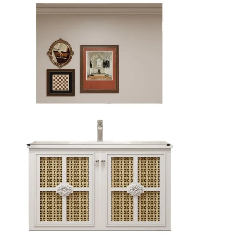 Intelligent French retro style bathroom cabinet, bathroom, face wash basin, basin cabinet combination rattan washstand