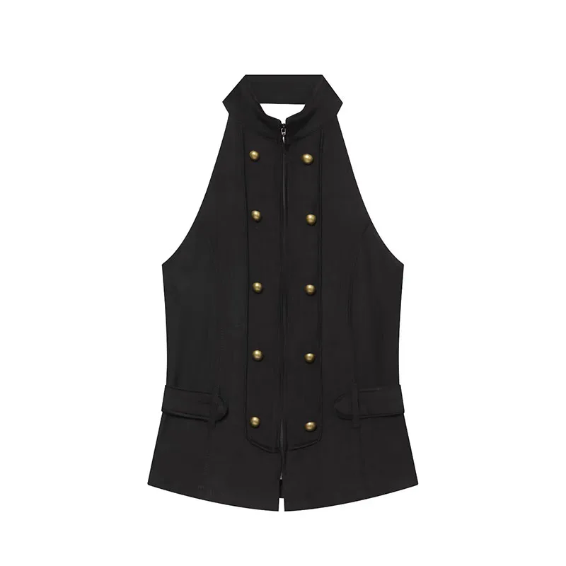 2026 New Fashion Women's Clothing Summer Backless Double-Breasted Halter Top Button-Decorated Backless Stylish Versatile Top