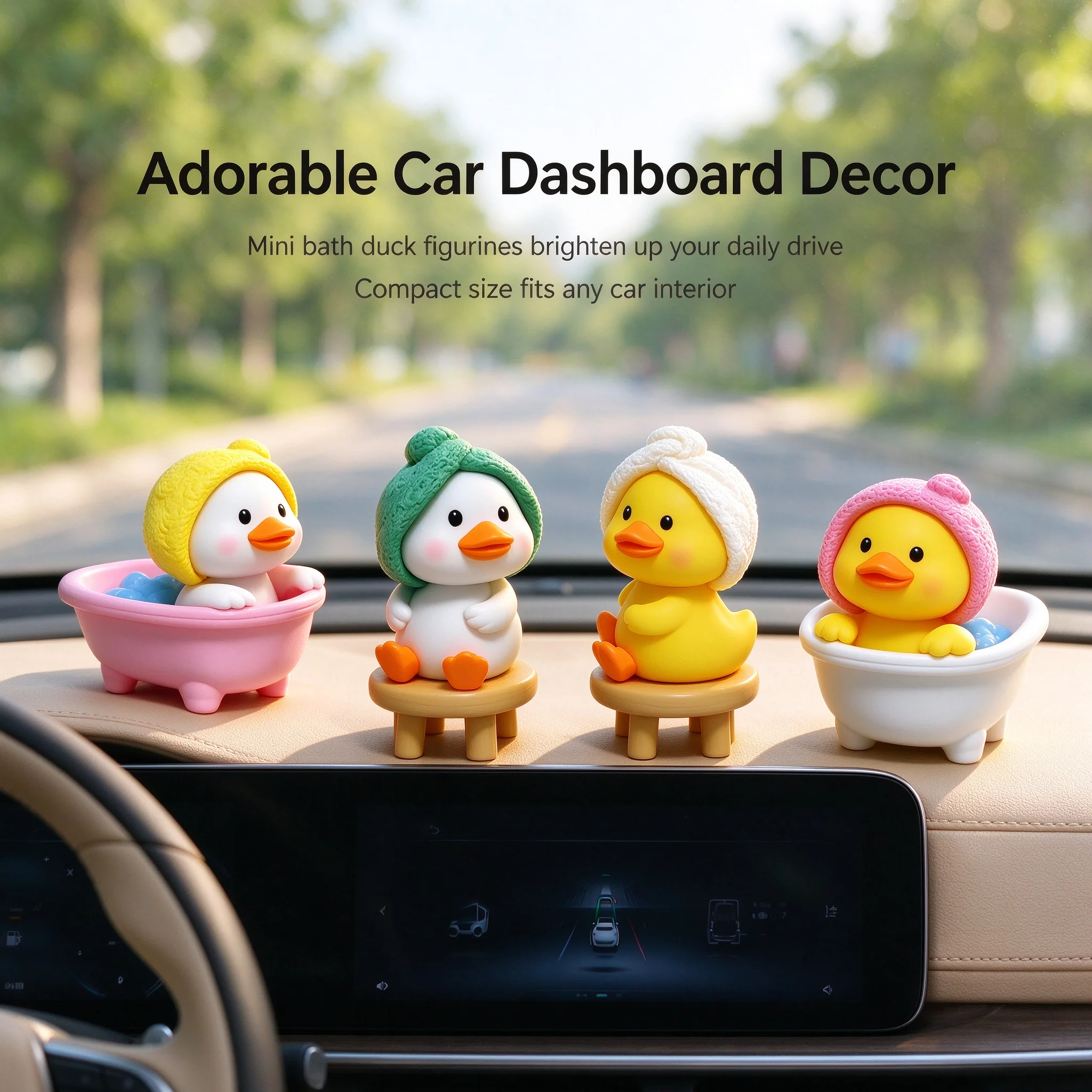 4Pcs Cute Bath Duck Figurines Mini PVC Cartoon Car Dashboard Decor Desktop Micro Landscape Ornament Cake Topper Gift