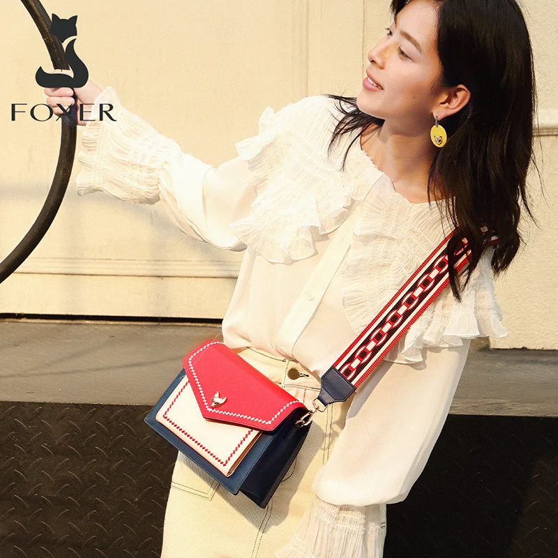 FOXER-Sac à Bandoulière en Cuir Fendu pour Femme, Sacoche à Rabat, Coloré, de Styliste, à la Mode