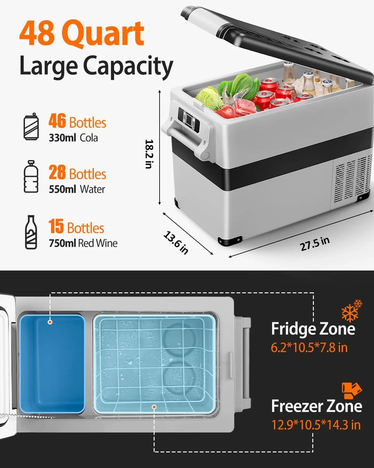 Fridge Portable 12V Refrigerator - 48 Quart(45L) Electric Cooler with AC/DC for Truck Van RV Camper SUV, Car Refrigerator Freeze