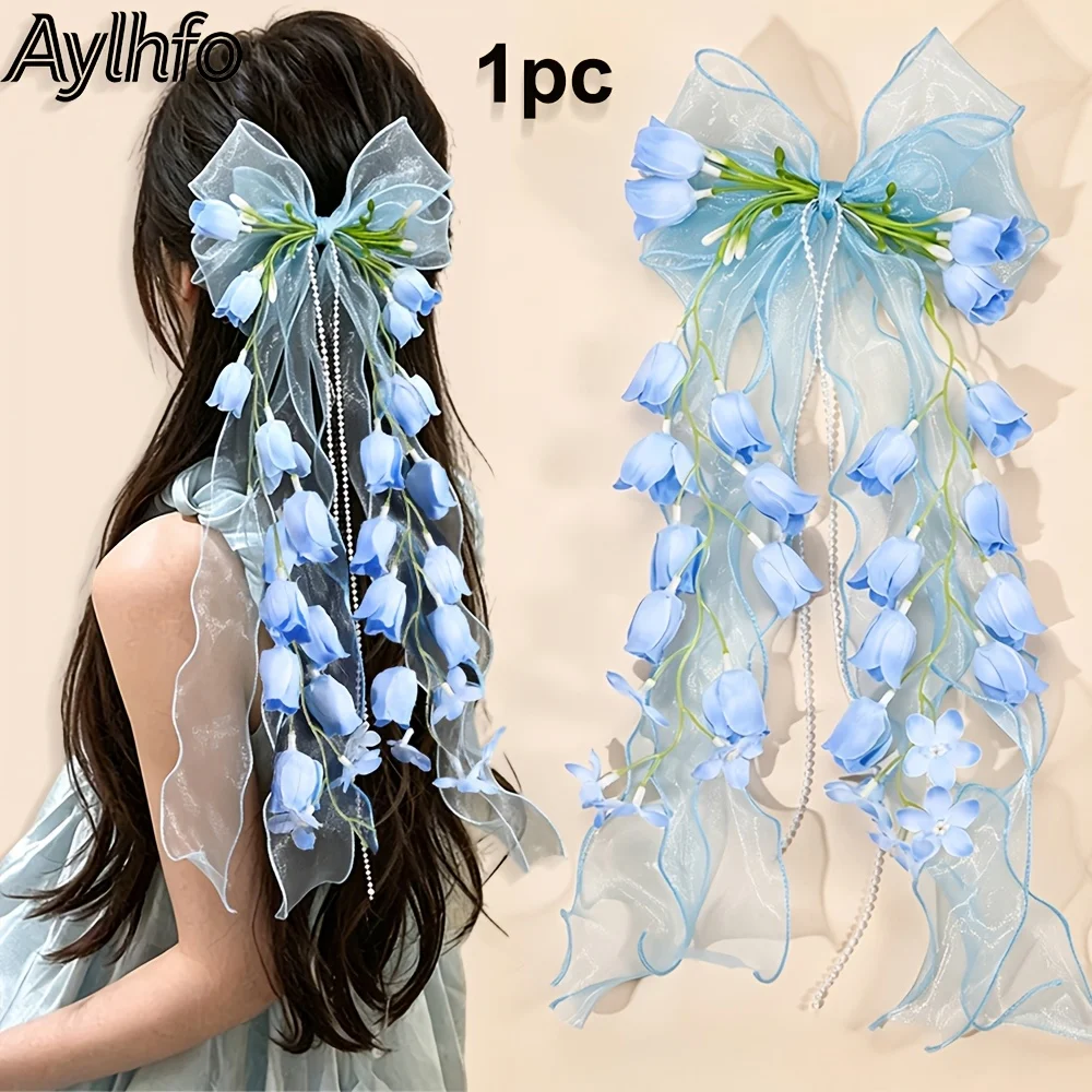 

1Pc spring and summer simulation tulip flower long streamer organza bow hairpin, women's fashion bohemian style large mesh bow streamer princess clip, bridal wedding dress headdress, suitable for daily and wedding wear