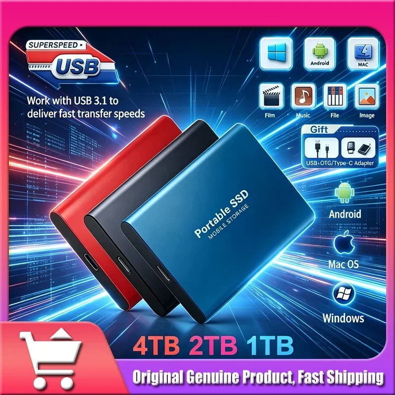 

Портативный внешний SSD-накопитель 1 ТБ, 2 ТБ, 4 ТБ, высокоскоростной жесткий диск для настольных ПК, мобильных устройств и ноутбуков