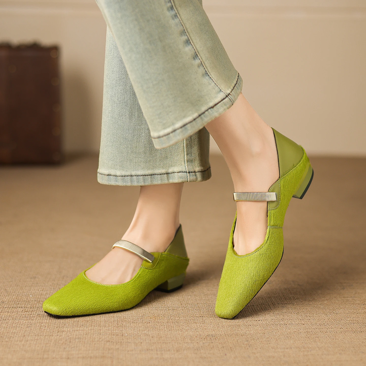 Genuine Leather Horsehair Square toe Women High Heels, Fashion Heeled Sandals,Elegant Women pumps,Classic Womens Shoes